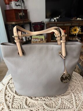 Michael Kors Pebbled Leather Tote in Light Gray with Beige Handles